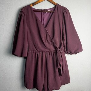 She + Sky Wrap Lined Romper Plum Purple Surplice Tie Waist Balloon Sleeve Size S